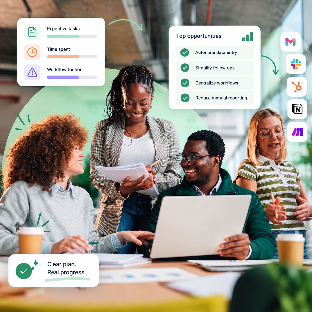 Team collaborating around a laptop with workflow opportunities and connected business tools